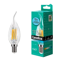 Лампа светодиодная филамент Camelion CW35 E14 12W 4500К 207-244V свеча на ветру прозрачная (1/10/100