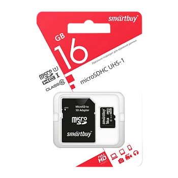 Карта памяти microSD Smartbuy 16GB Class10 UHS-I (U1) 10 МБ/сек с адаптером