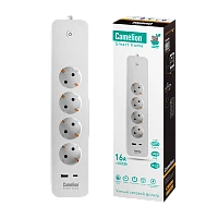 Сетевой фильтр Camelion Smart Home SZD/SH 4р.Б/З 16A 1.5м 1USB/Type-C WiFi белый (1/20)