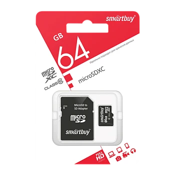 Карта памяти microSD Smartbuy 64GB Class10 20 МБ/сек с адаптером