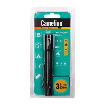 Фонарь ручной Camelion LED51533 LED от батареек 2хААA 3 режима+ZOOM черный (1/6/36)