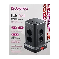 Сетевой фильтр Defender ILS 451 8р.С/З 16A 2.0м 2USB+2Type-C 350 Дж ПВС 3x1.5мм² с выкл. черный (1/1