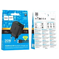 Сетевое З/У HOCO CS83A 1USB+1Type-C 3.0A 20W PD,QC дисплей с кабелем Type-C черный (1/18/180)