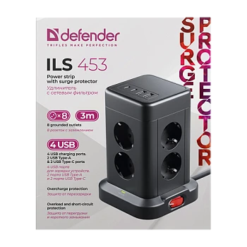 Сетевой фильтр Defender ILS 453 8р.С/З 16A 3.0м 2USB+2Type-C 350 Дж ПВС 3x1.5мм² с выкл. черный (1/1