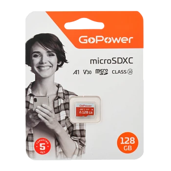 Карта памяти microSD GoPower 128GB Class10 UHS-I (U3) 100 МБ/сек V30 без адаптера