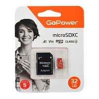 Карта памяти microSD GoPower 32GB Class10 UHS-I (U3) 80 МБ/сек V30 с адаптером